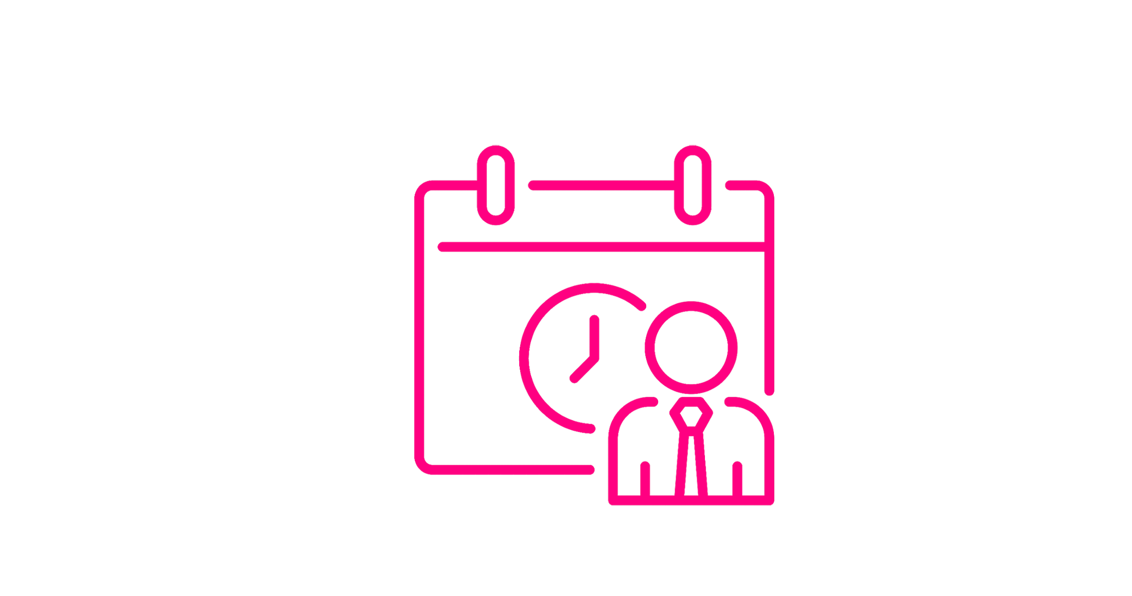 Neon pink outline of a calendar with a clock, person, and briefcase inside, indicating scheduling or work-related planning.