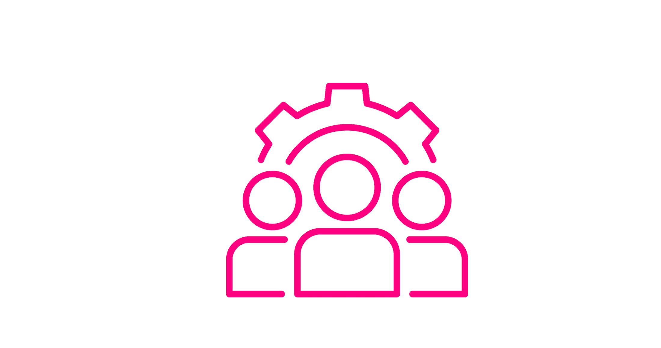 Neon pink outline of three people with a gear and semi-circular lines above them on a black background.