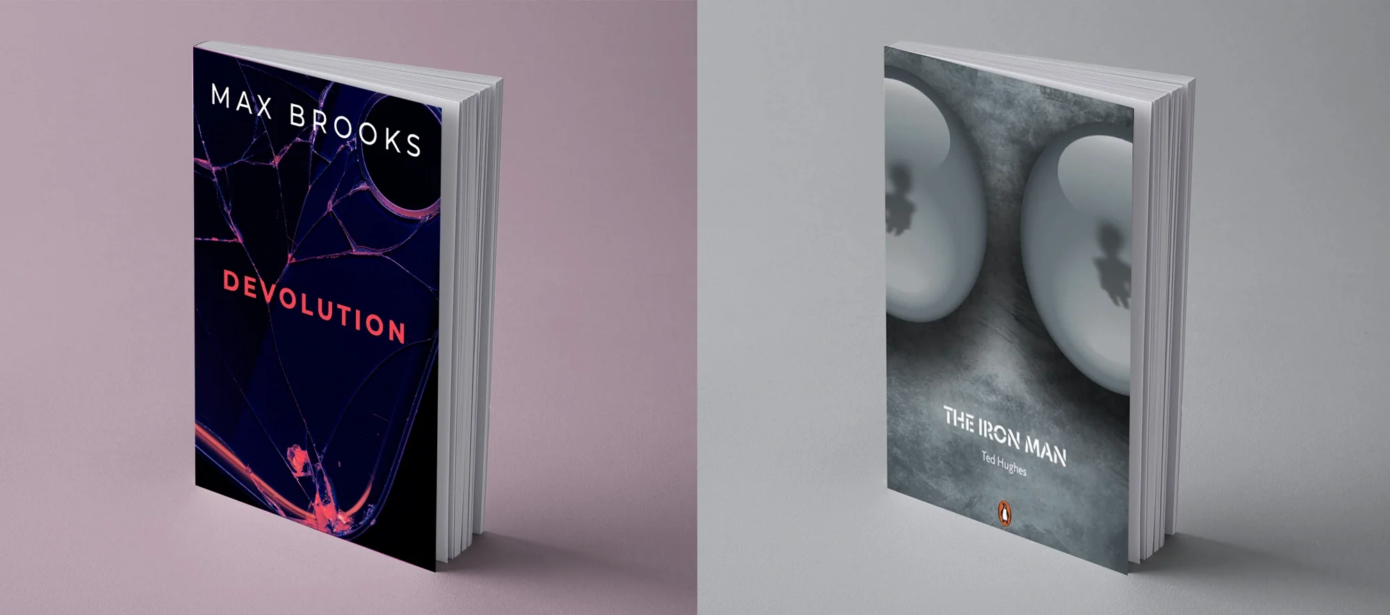 Cinematic book cover design for 'The Iron Man' by Ted Hughes, featuring a cold, metallic grey texture and two large, reflective 3D spheres with soft shadows.