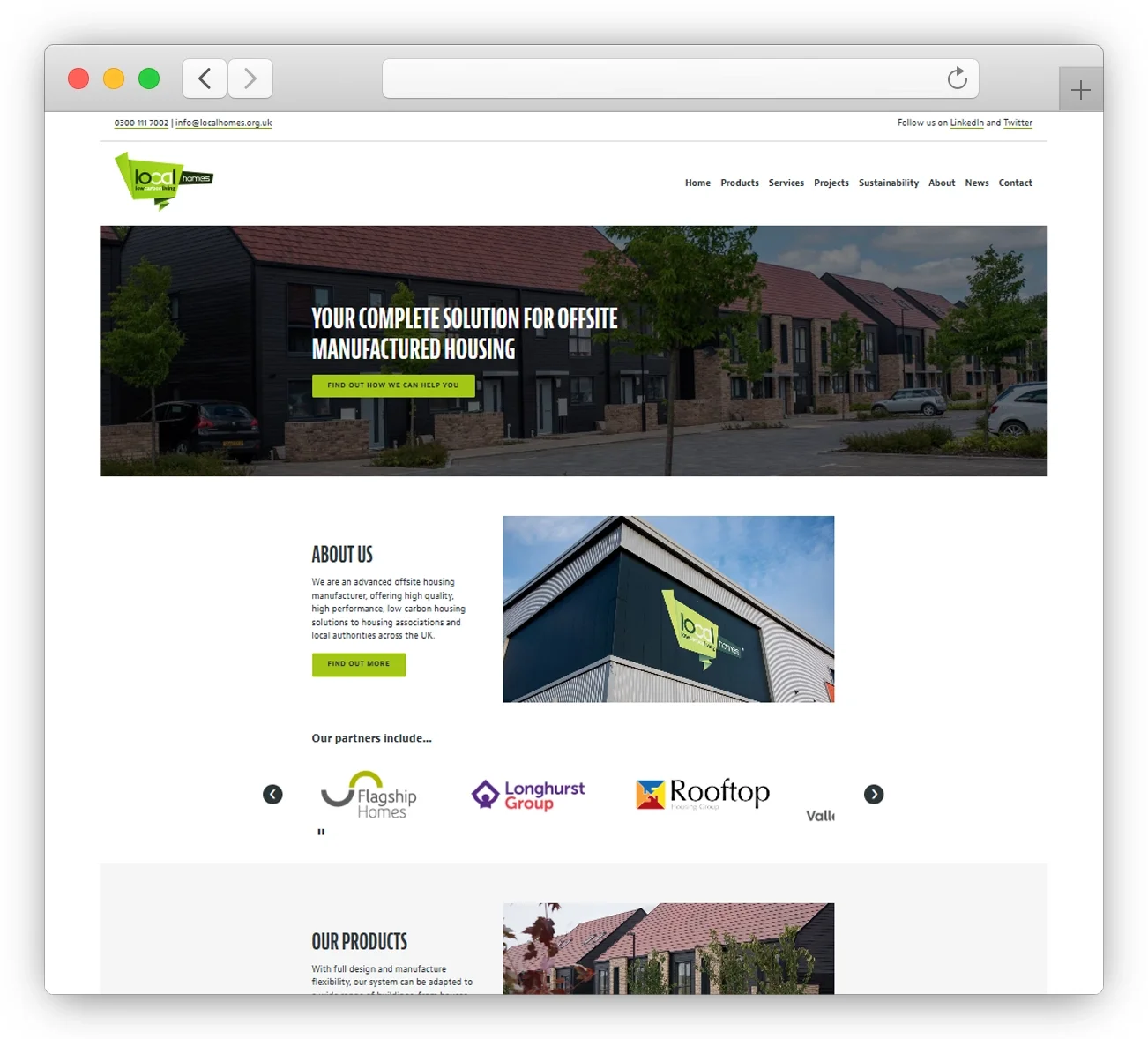 Screenshot of a website homepage for a company specializing in offsite manufactured housing. The page shows a banner image of modern housing units, with the headline "Your complete solution for offsite manufactured housing," and a green call-to-action button. There are sections explaining details about the company, its partners, and products.