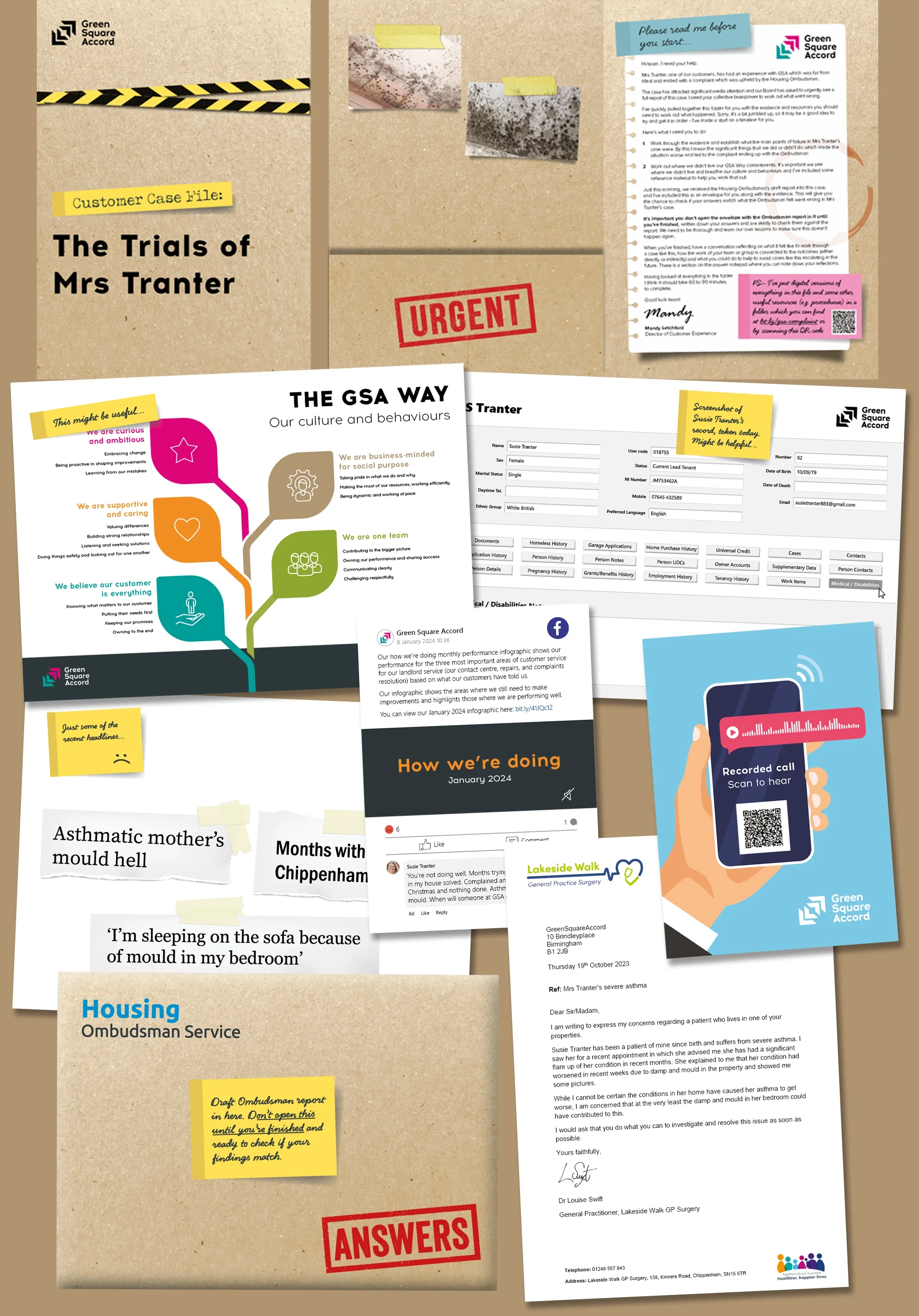 A collage of professional training documents, social media mock-ups, and correspondence. The design uses a cohesive brand identity with vibrant color palette and is presented on a realistic craft-paper background for a "case file" aesthetic.