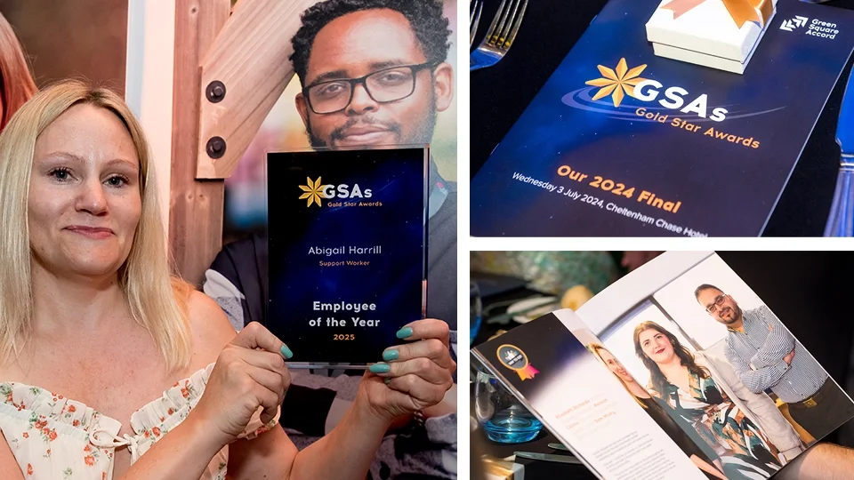 A woman holding a plaque that reads 'Employee of the Year 2025' at an award event, with a man in the background, and additional images of event materials and photos on the table.
