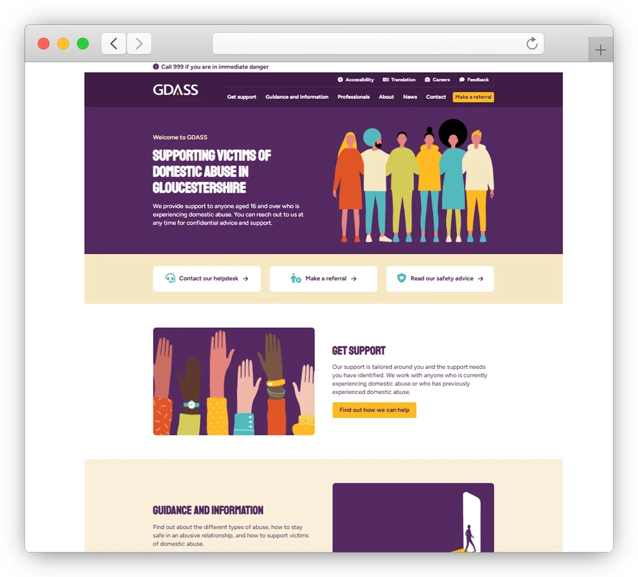Homepage of GDASS website supporting victims of domestic abuse in Gloucestershire, featuring illustrations of diverse people and raised hands.