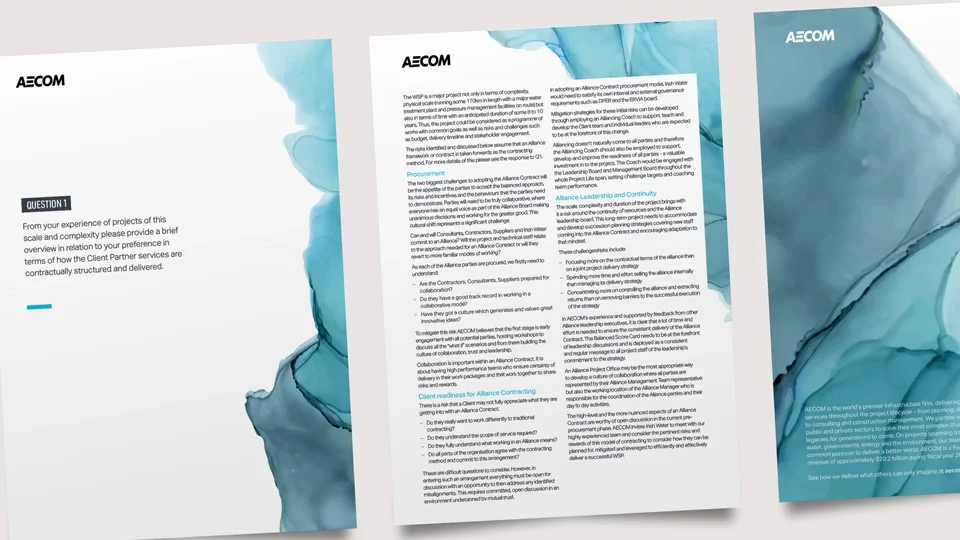Modern document design featuring an abstract teal watercolor motif, structured multi-column typography, and professional white space management for a technical "Question and Answer" layout.