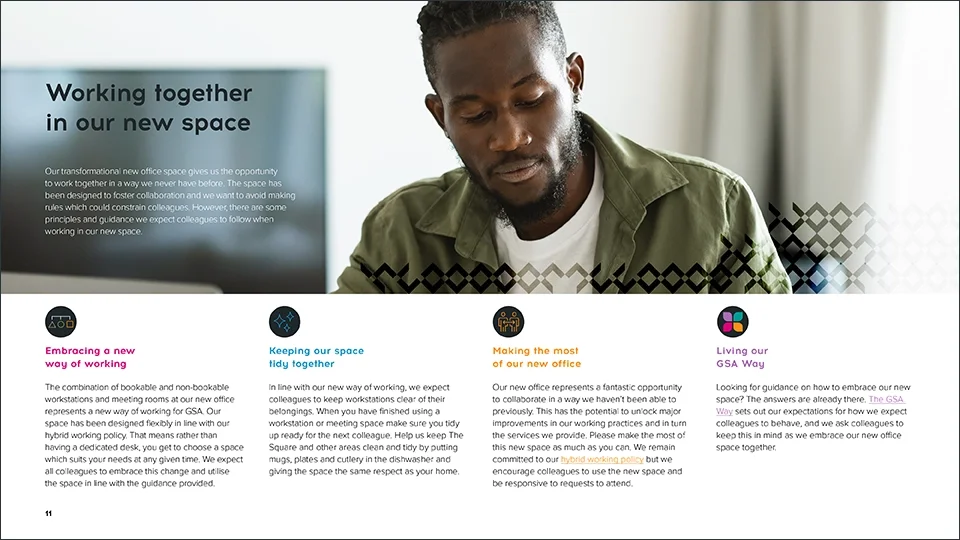 A brand-focused informational page titled "Working together in our new space." It features a lifestyle hero image with a stylized graphic overlay and a four-column grid layout for core company principles, each accompanied by a custom colorful icon.
