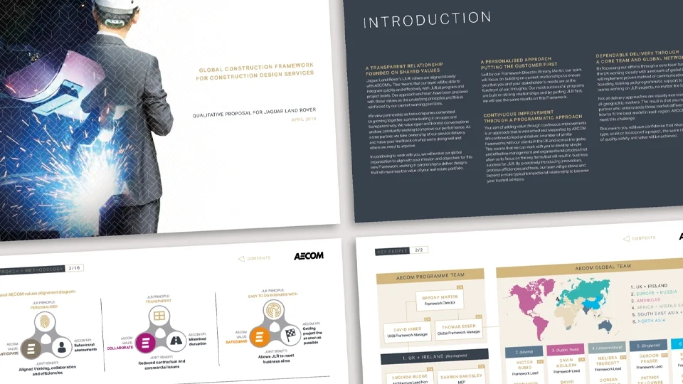 Corporate portfolio spread for a global construction framework, featuring high-contrast dark backgrounds, gold accents, stylized team hierarchy charts, and world map graphics for a premium brand aesthetic.