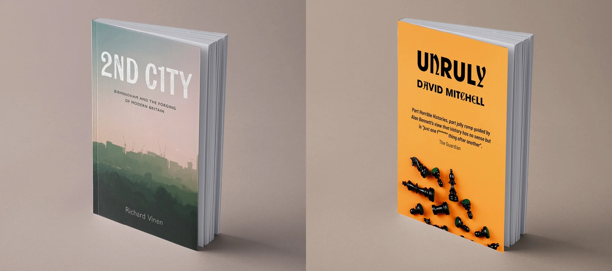 Bold, minimalist book cover for 'Unruly' by David Mitchell, using a vibrant orange background, playful black serif typography, and a 3D scattering of black chess pieces.