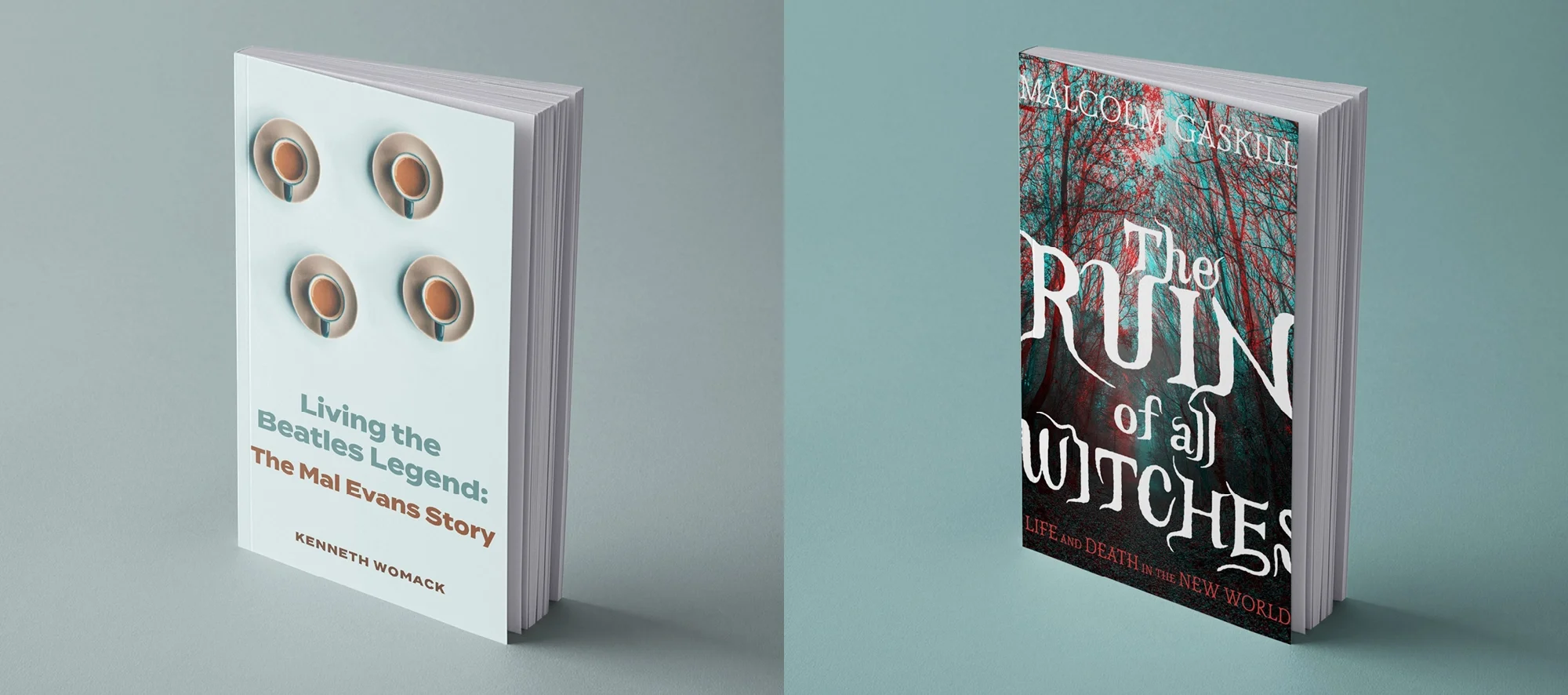 Minimalist book cover design for 'Living the Beatles Legend' by Kenneth Womack, featuring a clean white layout with four tea cups and modern sans-serif typography.