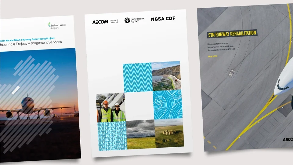 Minimalist cover design collection for infrastructure proposals, utilizing grid-based layouts, geometric patterns, and high-quality photography for Ireland West Airport, the Environment Agency, and Stanstead Airport