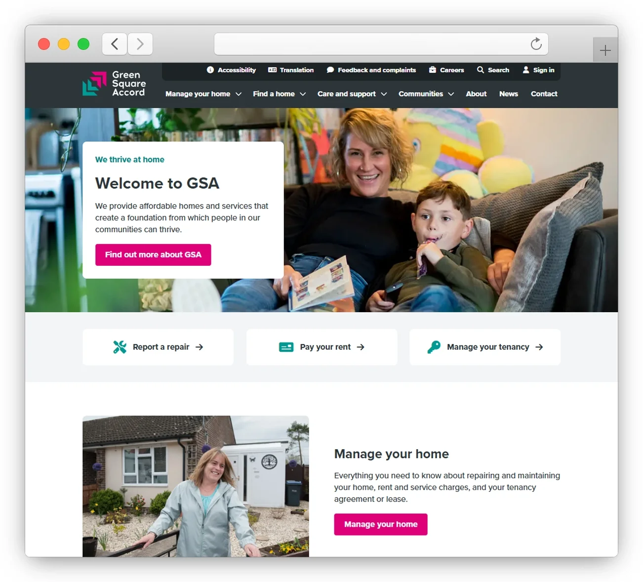 Screenshot of a website for Green Square Accord, a housing organization, showing a woman and a child sitting on a couch with colorful pillows, smiling. The website offers information about affordable homes, services, and options to report a repair, pay rent, or manage tenancy.