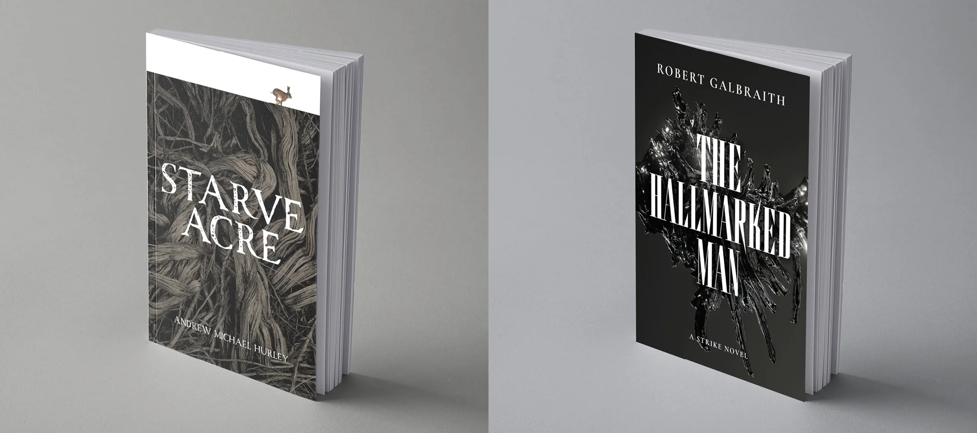 Textured, organic book cover design for 'Starve Acre' by Andrew Michael Hurley, featuring intricate wood-grain patterns, a fleeing hare and grungy serif typography.