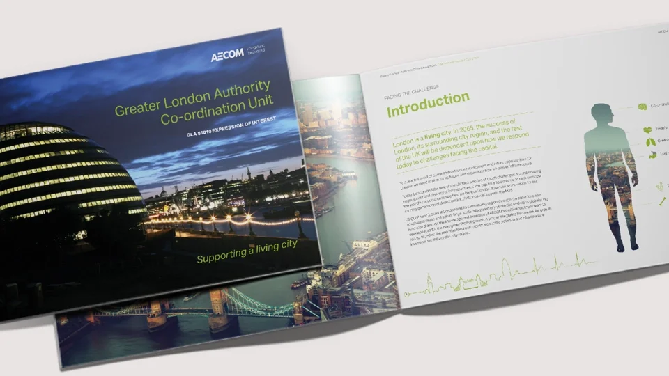 Editorial graphic design for an AECOM proposal featuring a clean, professional landscape layout, bold sans-serif typography, and a "living city" concept illustration with a human silhouette overlaying a London cityscape.