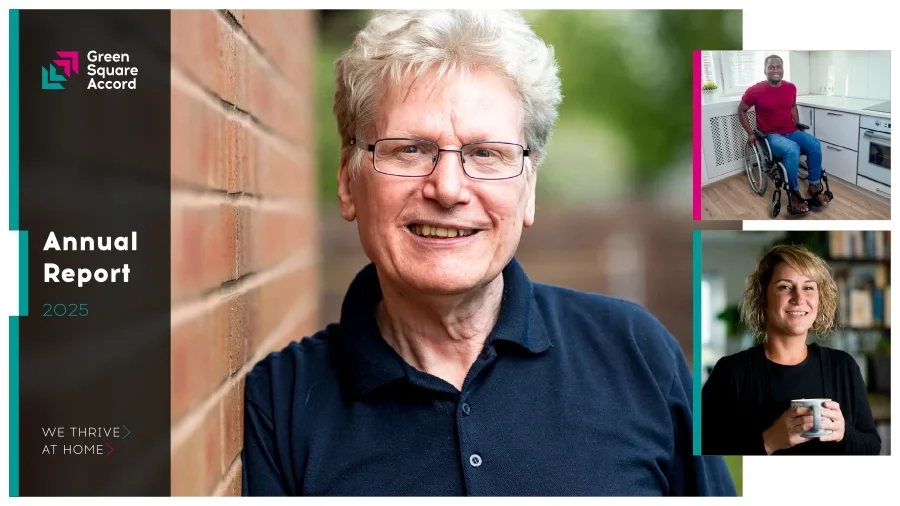 Cover of Green Square Accord 2025 Annual Report featuring a smiling senior man with glasses, a person in a wheelchair in the kitchen, and a woman holding a mug in a library or office setting.