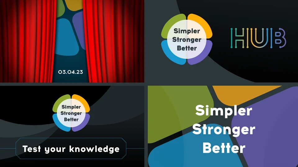 Collection of digital brand assets and UI components featuring "Simpler Stronger Better" branding with elegant line-art iconography and bold color blocks.