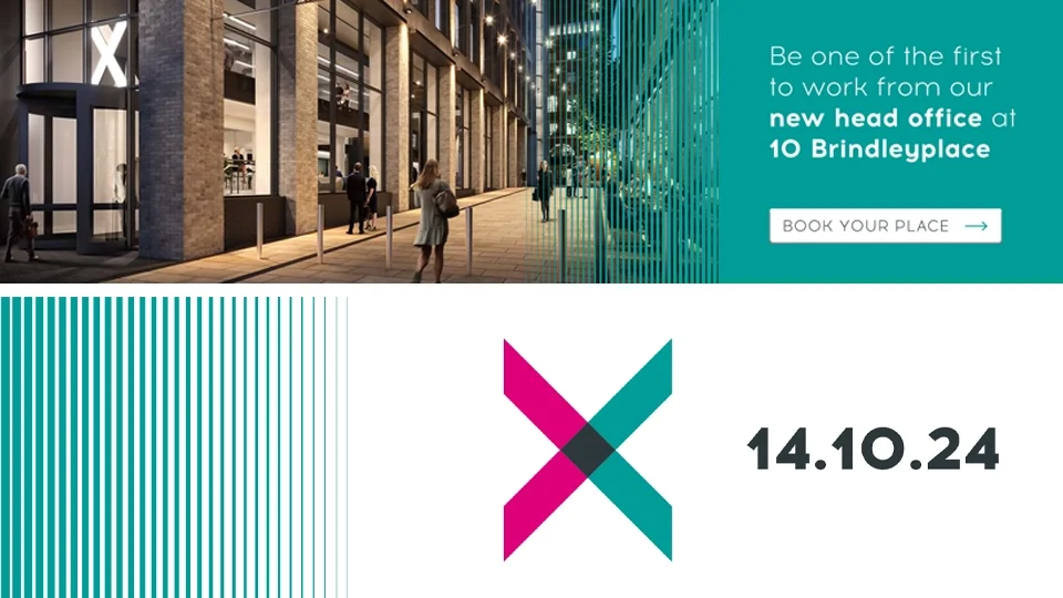 Email banners for 10 Brindleyplace with people walking outside, and a promotional message inviting to book a place, along with a stylized 'X' logo and the date 14.10.24.