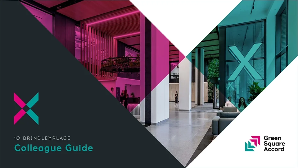 The cover of the 10 Brindleyplace Colleague Guide, featuring a dynamic geometric mask in the shape of an "X" that overlays a modern office interior with pink and teal color grading.