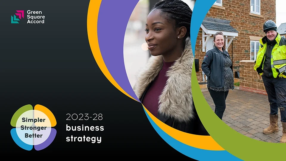 Modern business strategy document cover design using dynamic curved masking, professional photography, and a vibrant primary-color brand palette.