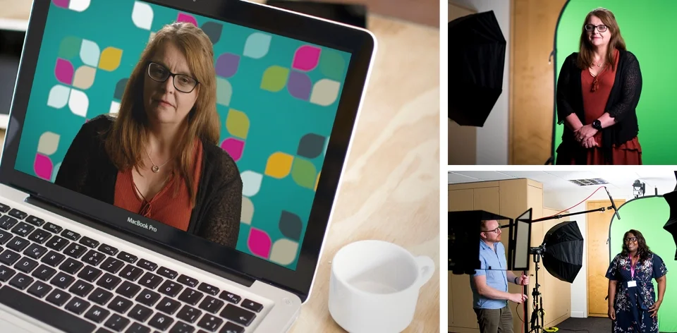 Professional video production layout illustrating the transition from raw green screen capture to a polished, branded motion graphic background.