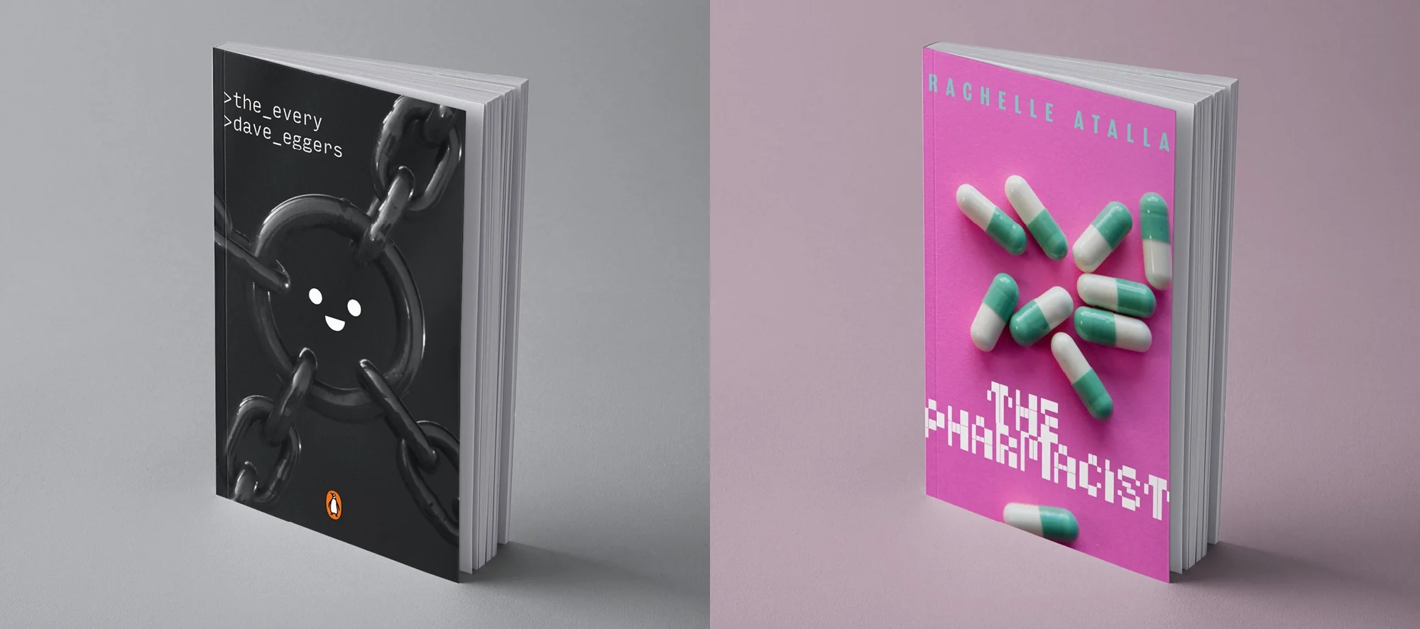 Vibrant, pop-art style book cover for 'The Pharmacist' by Rachelle Atalla, utilizing a neon pink background, scattered 3D pill capsules, and a digital, pixelated font.