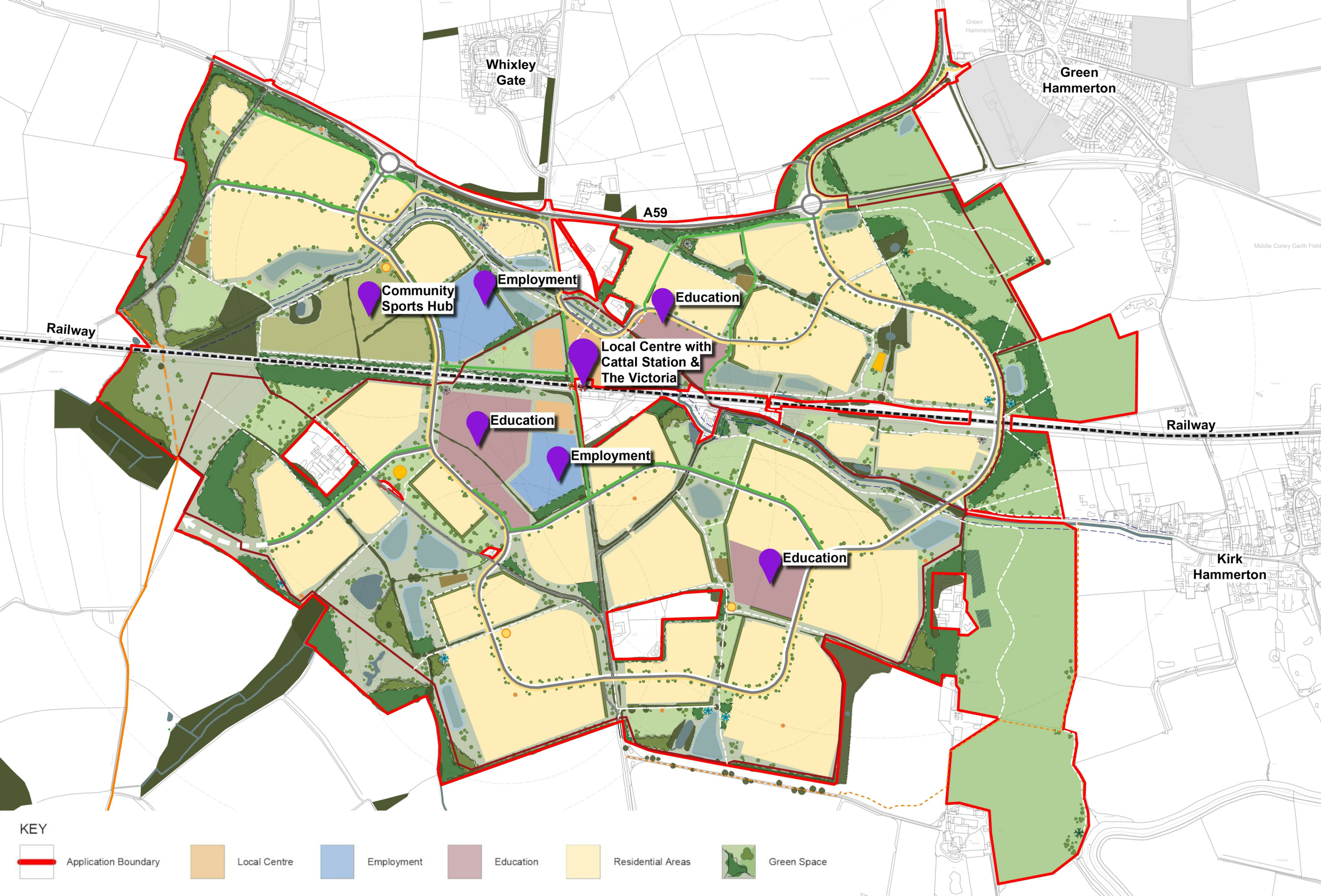 Map of a community development plan with application boundary marked in red, including local center, employment, education, residential areas, and green spaces, with various labeled key locations.