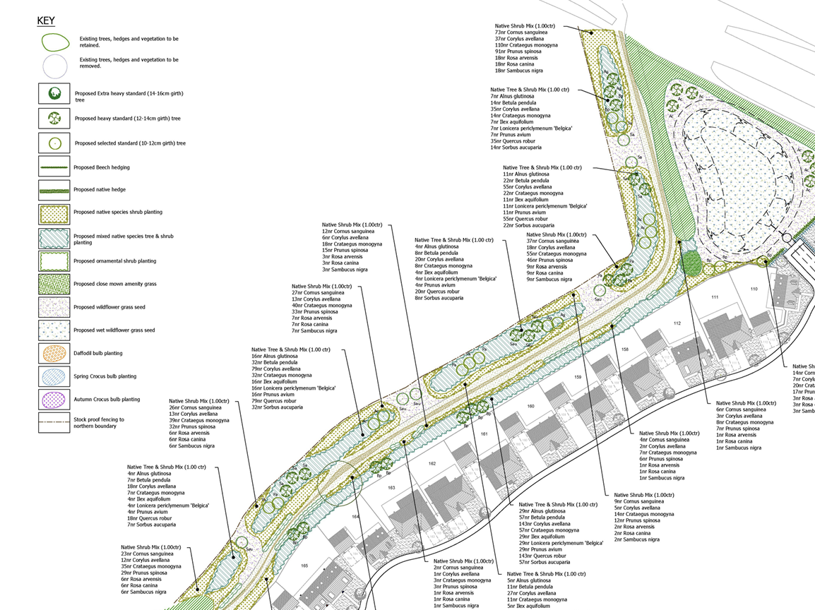 Landscape design plan showing various native trees, shrubs, hedges, and planting areas, with annotations detailing plant species and placements. Includes a legend for different types of trees, hedges, shrubs, grasses, and fencing.