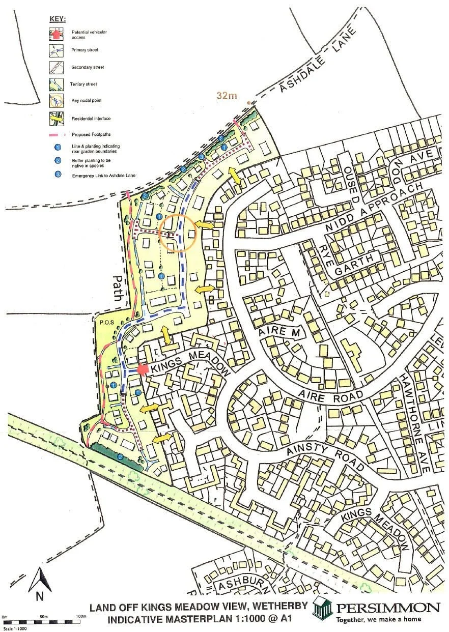 Detailed master plan of land off Kings Meadow View, Wetherby, showing streets, houses, proposed footpaths, and key elements for development.