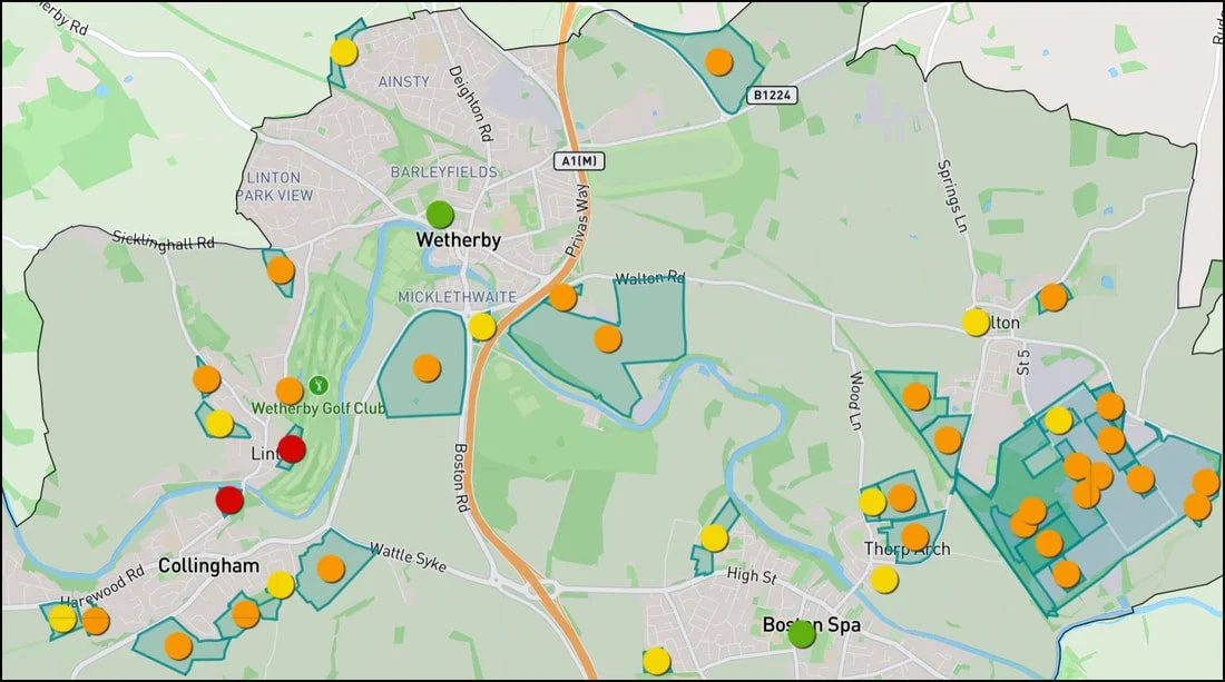 The map shows Wetherby and surrounding areas with various colored dots indicating different locations.