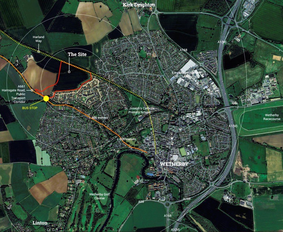 A detailed satellite map of Wetherby, England, showing landmarks, roads, and routes related to a site marked as 'The Site' and nearby points like Harland Way, Kirk Deighton, and the Wetherby Racecourse.