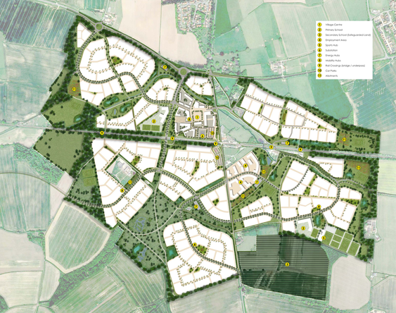 A detailed map of a residential community with various neighborhoods, green spaces, and roads. The map includes a legend indicating features like village center, different school zones, sports facilities, and other amenities, all labeled with numbered points.