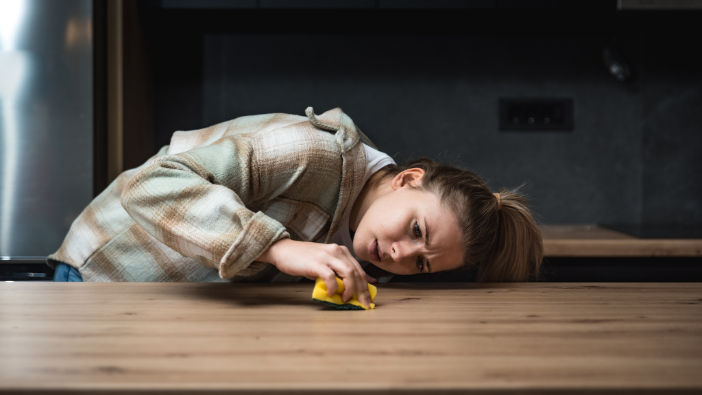 Young woman cleaning a wooden surface with a yellow sponge in a modern kitchen.