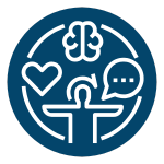 Icons representing health and wellness concepts such as a heart, speech bubble, brain, and a person with arms outstretched