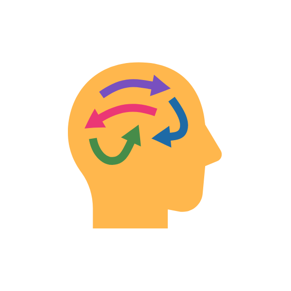 Illustration of a human head profile with colorful arrows inside representing thinking or mental processes.