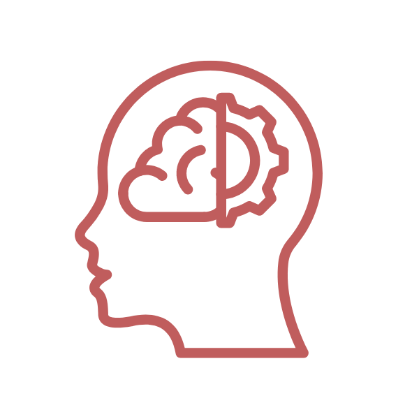 Outline of a human head with a brain and a gear inside, representing thinking or mental processes.