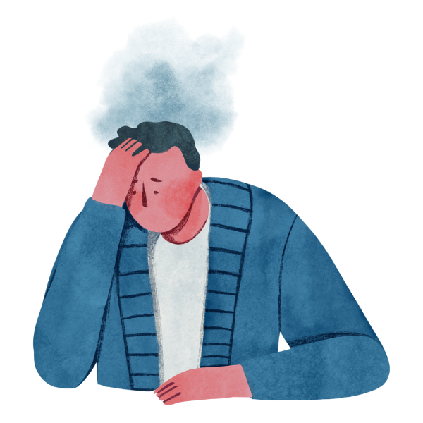 Illustration of a person with gray hair holding their head, appearing stressed or worried, wearing a blue and white outfit.