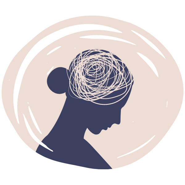 Silhouette of a woman with her hair tied back, and a tangled mess of scribbles representing a confused or distressed mind, surrounded by abstract circular lines.
