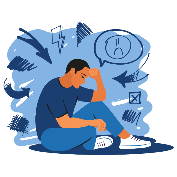 A person sitting on the ground, appearing stressed or overwhelmed, with various symbols around them representing frustration, anxiety, or confusion.
