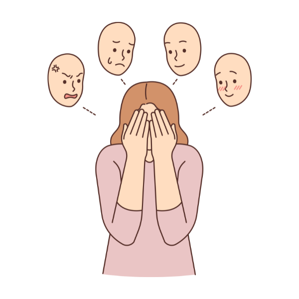 A woman covering her face with her hands, with four illustrated emotional faces above her head representing different feelings like anger, sadness, confusion, and happiness.