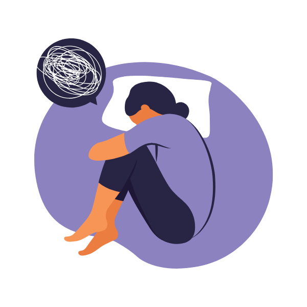 Person sitting on the floor curled up with knees to chest, resting head on arms, with a thought bubble containing scribbles above.