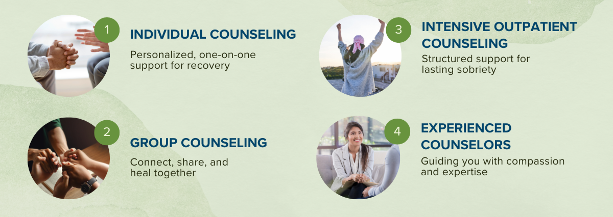 An infographic with four counseling options, each labeled with a number and description: 1. Individual Counseling - Personalized one-on-one support for recovery; 2. Group Counseling - Connect, share, and heal together; 3. Intensive Outpatient Counseling - Structured support for lasting sobriety; 4. Experienced Counselors - Guiding with compassion and expertise.