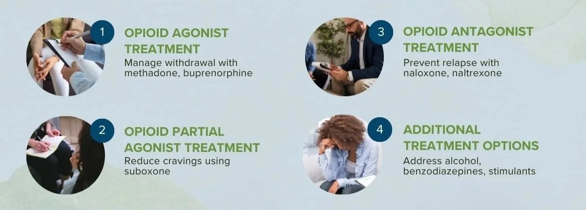 Diagram outlining opioid treatment options including opioid agonist treatment with medication management, partial agonist treatment with craving reduction, opioid antagonist treatment for relapse prevention, and additional options addressing alcohol, benzodiazepines, and stimulants.