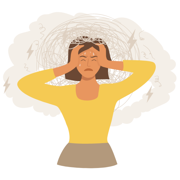 Illustration of a woman with headache, clutching her temples, surrounded by chaotic lines and symbols like lightning bolts, representing stress or confusion.