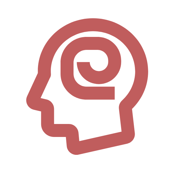 Red abstract line drawing of a human head with a spiral brain inside.