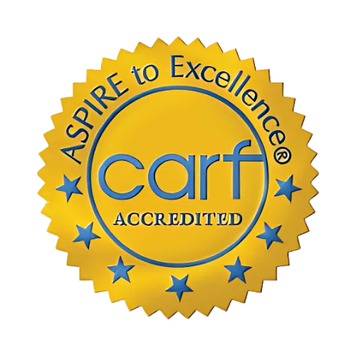 Gold badge with blue text reading 'Aspire to Excellence' and 'CARF Accredited', featuring a blue circle and stars.