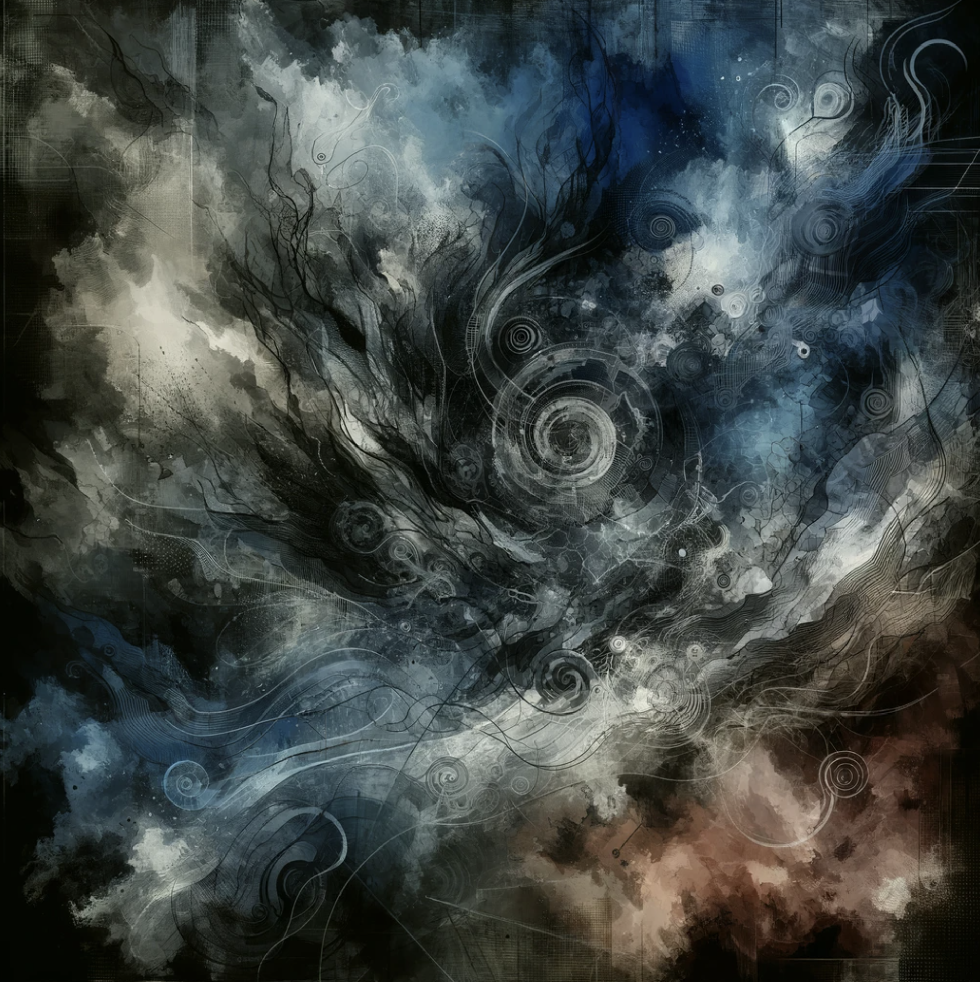 Abstract dark fantasy artwork with swirling clouds, intricate spirals, and flowing lines in shades of blue, gray, and brown.