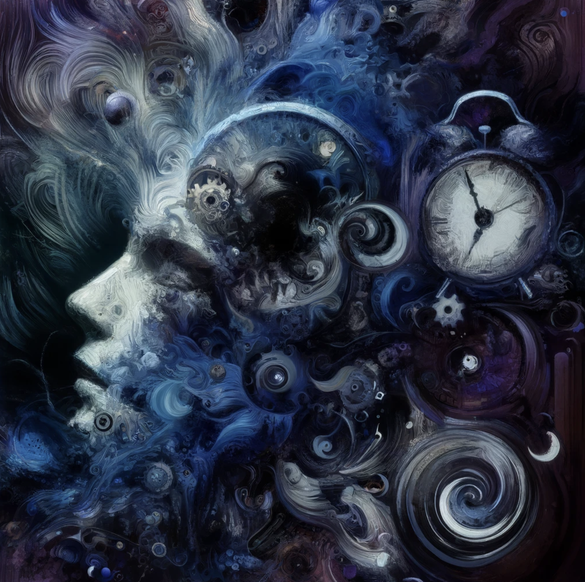 Abstract image with a human profile, clock, and swirling patterns in blue hues.