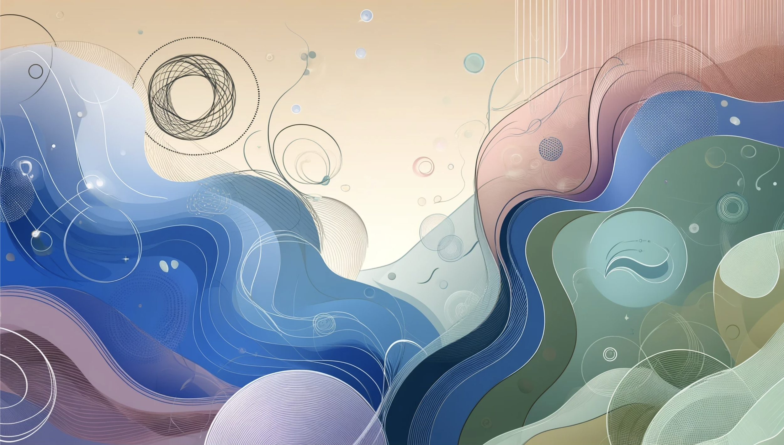 Abstract art with wavy lines and geometric shapes in blue, pink, and green hues.