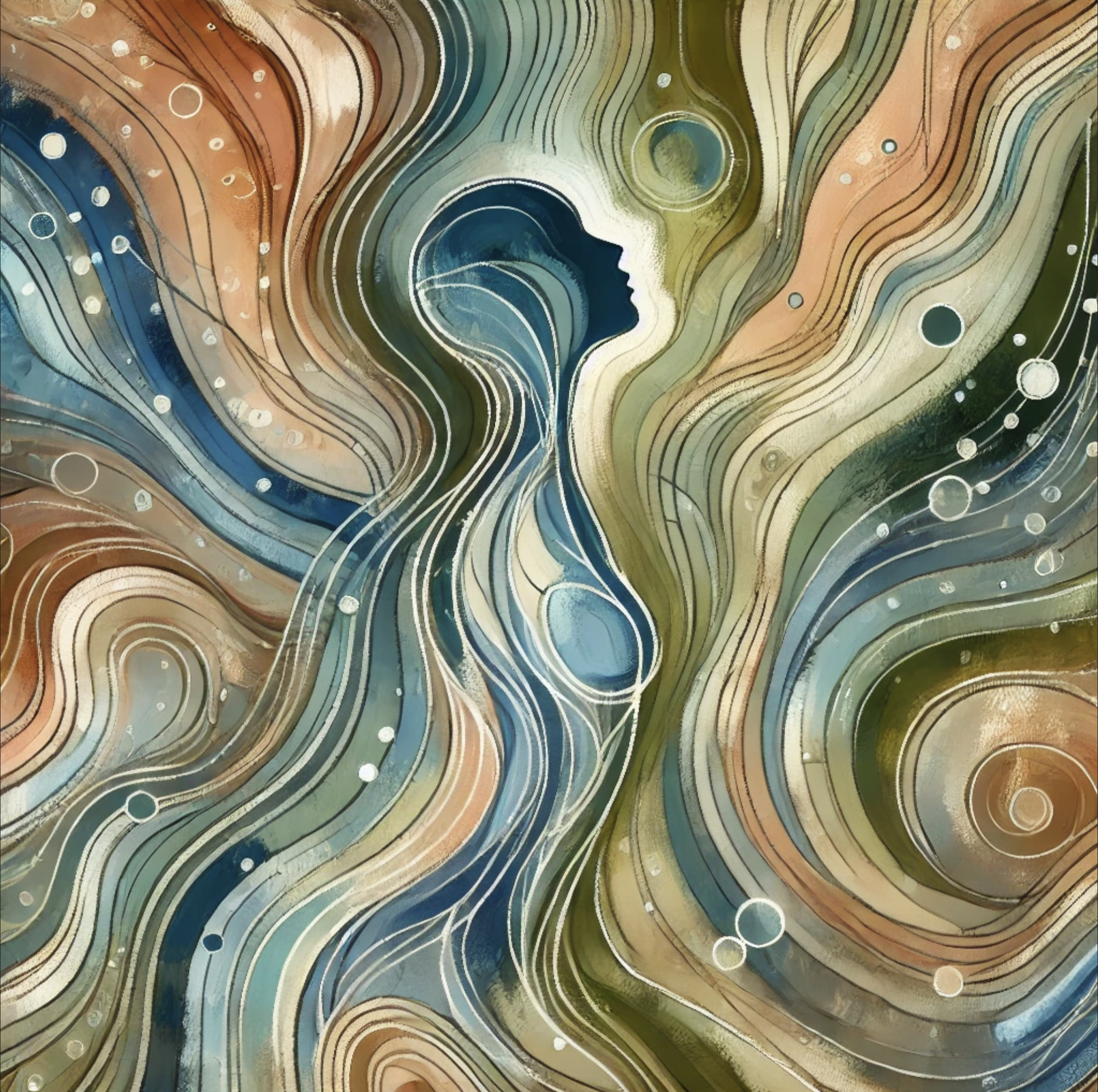 Abstract art depicting a silhouette of a person in profile surrounded by swirling, multicolored lines and circles.