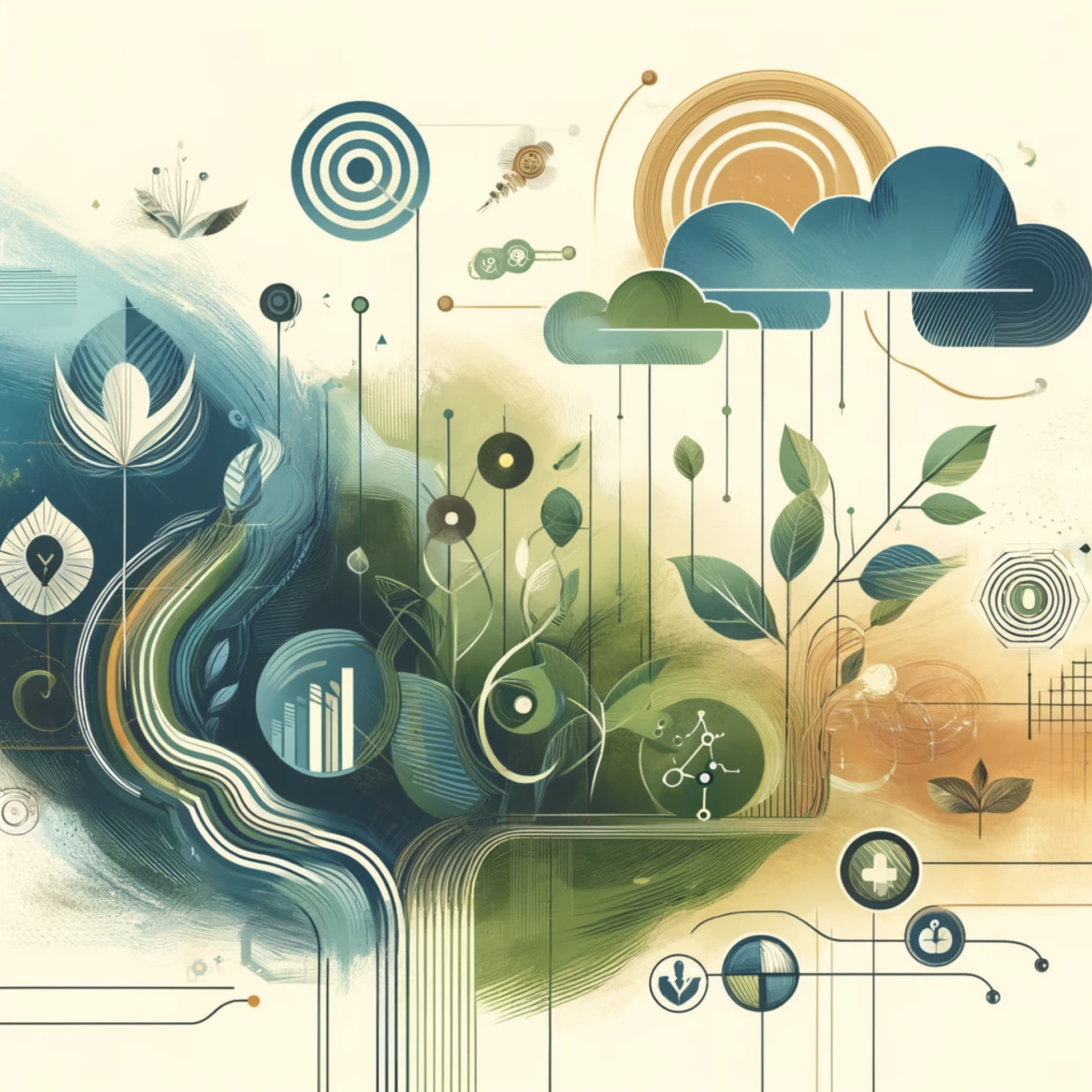 Abstract illustration depicting nature and technology with elements like leaves, clouds, gears, and data symbols in a flowing design.
