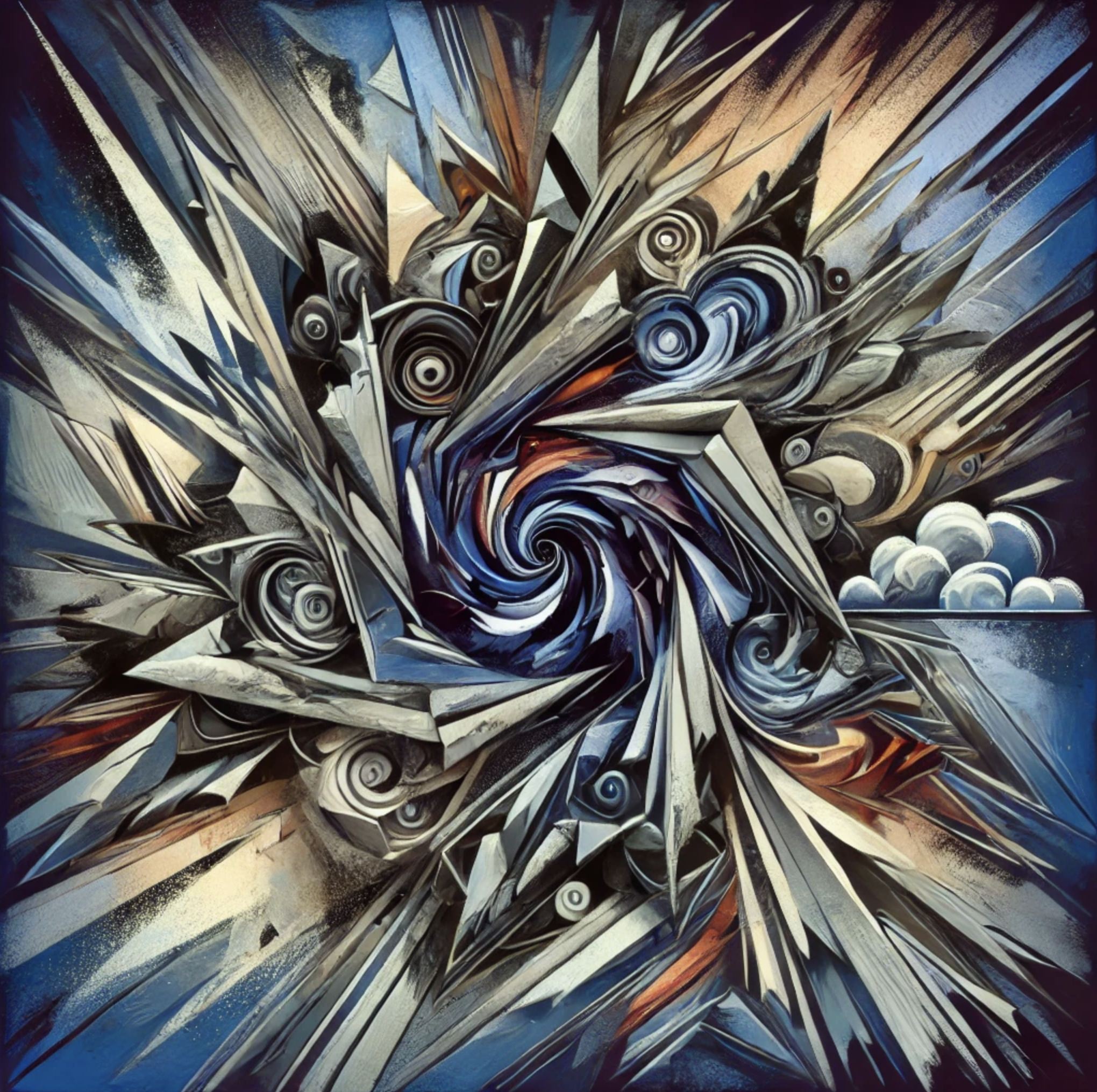 Abstract geometric art with sharp angles, swirling patterns, and dynamic shapes in blue, gray, and earthy tones.