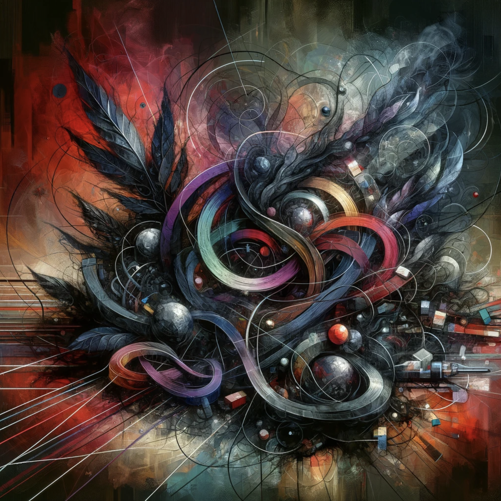 Abstract artwork with swirling colors, feathers, and geometric shapes.
